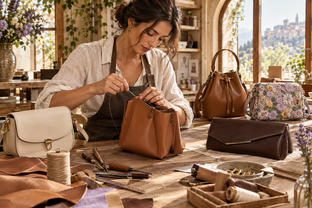 Woman crafting a handbag, full-frame slide